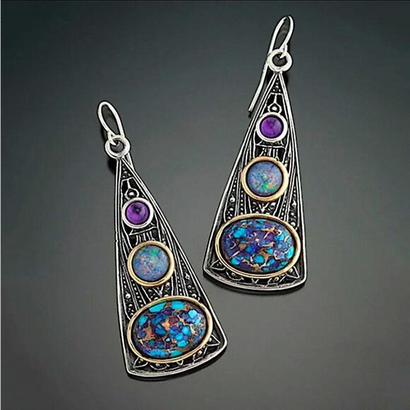 Vintage Handmade Boho Earrings, Silver Geometric - Picture 3 of 6